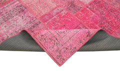 Handmade Area Rug - Pink Patchwork Cotton Wool Vintage Handwoven Carpet 6'9''x9'10''