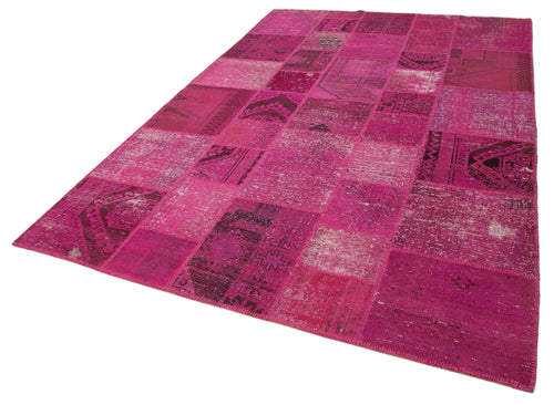Handmade Area Rug - Pink Patchwork Cotton Wool Vintage Hand Woven Carpet 6'7''x10'