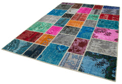 Handmade Area Rug - Blue Patchwork Cotton Wool Vintage Turkish Carpet 6'8''x10'