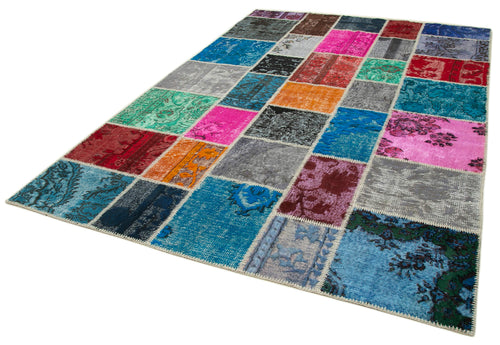 Handmade Area Rug - Blue Patchwork Cotton Wool Vintage Turkish Carpet 6'8''x10'