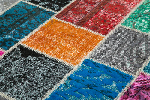 Handmade Area Rug - Blue Patchwork Cotton Wool Vintage Turkish Carpet 6'8''x10'