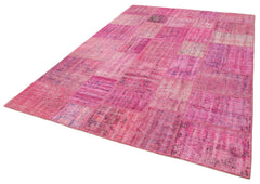 Handmade Area Rug - Pink Patchwork Cotton Wool Vintage Handwoven Carpet 6'9" x 9'11"