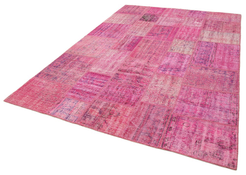 Handmade Area Rug - Pink Patchwork Cotton Wool Vintage Handwoven Carpet 6'9" x 9'11"