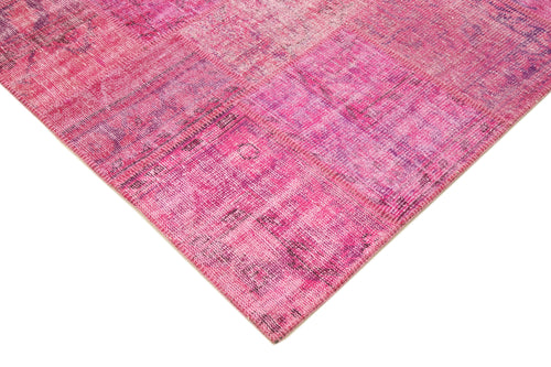 Handmade Area Rug - Pink Patchwork Cotton Wool Vintage Handwoven Carpet 6'9" x 9'11"