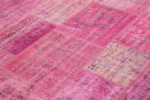 Handmade Area Rug - Pink Patchwork Cotton Wool Vintage Handwoven Carpet 6'9" x 9'11"