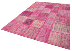Handmade Area Rug - Pink Patchwork Cotton Wool Vintage Turkish Carpet 6'9"x10'