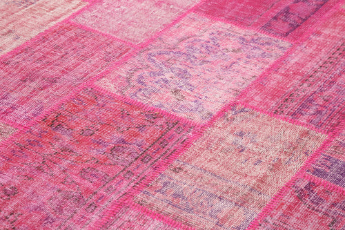 Handmade Area Rug - Pink Patchwork Cotton Wool Vintage Turkish Carpet 6'9"x10'