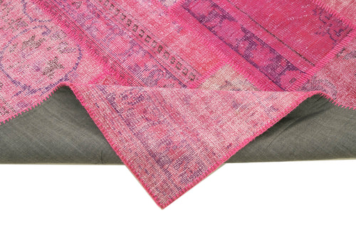 Handmade Area Rug - Pink Patchwork Cotton Wool Vintage Turkish Carpet 6'9"x10'