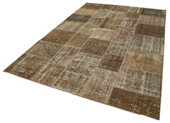 Handmade Area Rug – Brown Patchwork Cotton Wool Vintage Turkish Carpet 6'6"x9'10"