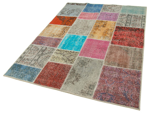 Handmade Area Rug - Kirk Yama Blue Patchwork Cotton Wool Carpet 4'9''x6'9''
