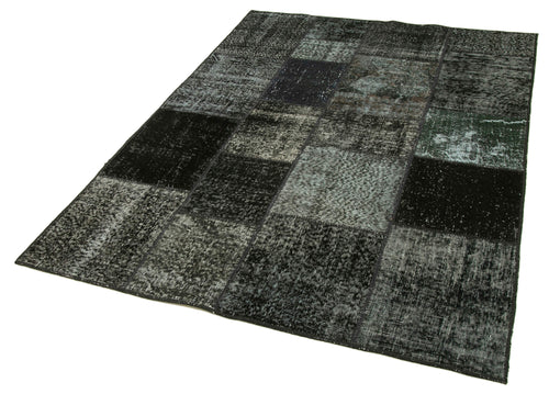 Handmade Area Rug – Black Patchwork Carpet 4'9"x6'8" Wool Cotton Vintage Style