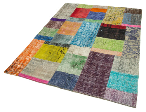 Handmade Area Rug – Blue Patchwork Cotton Wool Vintage Hand Woven Carpet 4'8''x6'7''