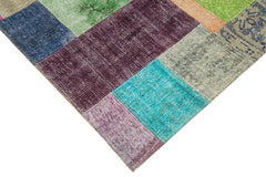 Handmade Area Rug – Blue Patchwork Cotton Wool Vintage Hand Woven Carpet 4'8''x6'7''