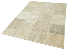 Handmade Area Rug – Beige Patchwork Cotton Wool Vintage Turkish Carpet 4'8''x6'8''