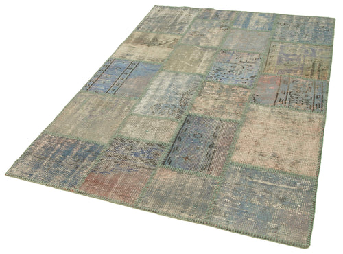 Kirk Yama Blue Patchwork Cotton Wool Handmade Area Rug 4'7'' x 6'8''