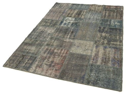 Handmade Area Rug - Kirk Yama Grey Patchwork Cotton Wool Carpet 4'11'' x 6'11''