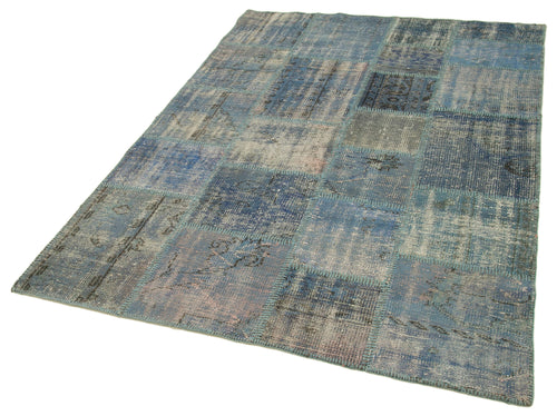 Handmade Area Rug – Blue Patchwork Cotton Wool Carpet 4'11''x6'10'' Durable Soft Blend