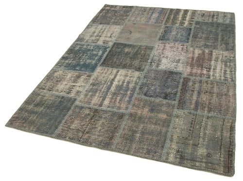 Handmade Area Rug – Grey Patchwork Cotton Wool Vintage Handwoven Carpet 4'11''x6'10''
