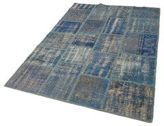 Handmade Area Rug - Blue Patchwork Cotton Wool Turkish Wool Rug 4'8''x6'9''