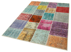 Handmade Area Rug - Blue Patchwork Cotton Wool Vintage Carpet 4'9''x6'10''