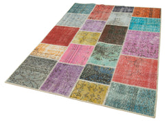 Handmade Area Rug – Blue Patchwork Cotton Wool Vintage Turkish Carpet 4'9''x6'8''
