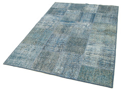 Handmade Area Rug – Blue Patchwork Cotton Wool Vintage Turkish Carpet 4'5''x6'9''