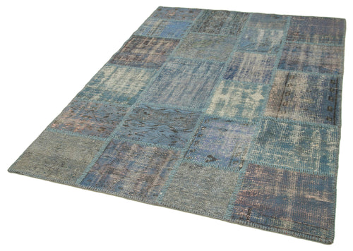 Handmade Area Rug - Blue Patchwork Cotton Wool Carpet 4'11'' x 6'9'' | Vintage Turkish Design