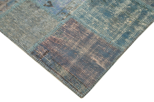 Handmade Area Rug - Blue Patchwork Cotton Wool Carpet 4'11'' x 6'9'' | Vintage Turkish Design