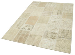 Handmade Area Rug – Beige Patchwork Cotton Wool Carpet 4'9''x6'7'' by Agacan