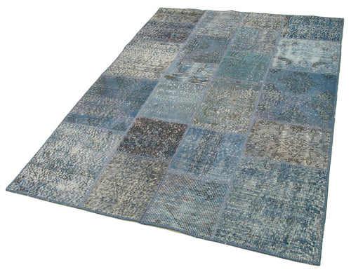 Handmade Area Rug - Blue Patchwork Cotton Wool Vintage Hand Woven Carpet 4'5''x6'7''