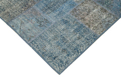 Handmade Area Rug - Blue Patchwork Cotton Wool Vintage Hand Woven Carpet 4'5''x6'7''