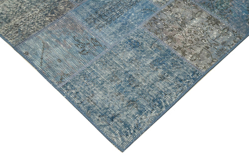 Handmade Area Rug - Blue Patchwork Cotton Wool Vintage Hand Woven Carpet 4'5''x6'7''