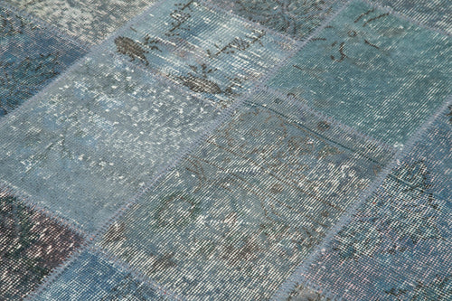 Handmade Area Rug - Blue Patchwork Cotton Wool Vintage Hand Woven Carpet 4'5''x6'7''