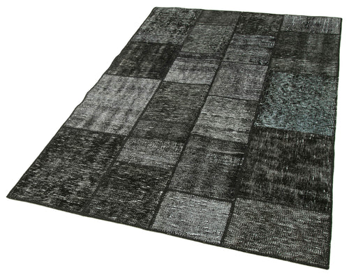 Handmade Area Rug - Black Patchwork Cotton Wool Vintage Handwoven Carpet 4'5''x6'9''