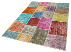 Handmade Area Rug - Blue Patchwork Wool Cotton Carpet, Durable Traditional Turkish Style 4'8''x6'9''