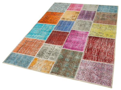 Handmade Area Rug - Blue Patchwork Wool Cotton Carpet, Durable Traditional Turkish Style 4'8''x6'9''
