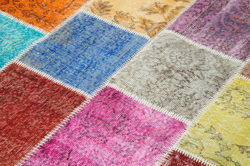 Handmade Area Rug - Blue Patchwork Wool Cotton Carpet, Durable Traditional Turkish Style 4'8''x6'9''