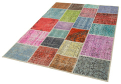 Handmade Area Rug - Blue Patchwork Wool & Cotton Carpet, Vintage Turkish Style 4'9''x6'9''