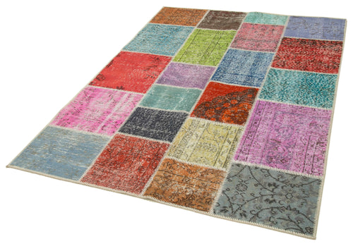 Handmade Area Rug - Blue Patchwork Wool & Cotton Carpet, Vintage Turkish Style 4'9''x6'9''