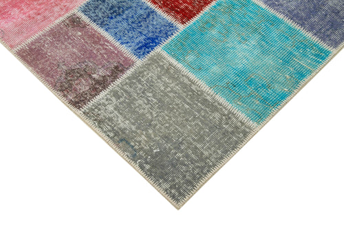 Handmade Area Rug - Blue Patchwork Cotton Wool Vintage Turkish Carpet 4'9" x 6'8"
