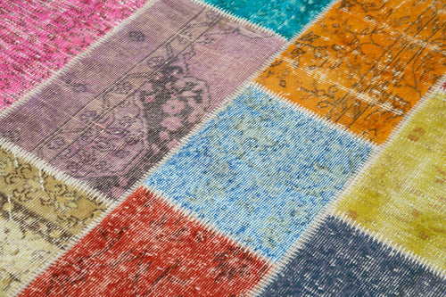 Handmade Area Rug - Blue Patchwork Cotton Wool Vintage Turkish Carpet 4'9''x6'8''