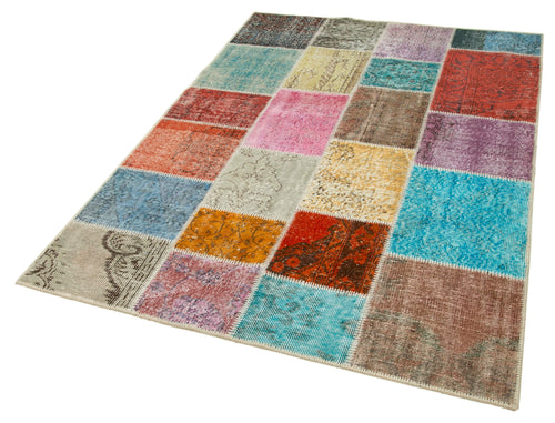 Handmade Area Rug - Blue Patchwork Cotton Wool Vintage Turkish Carpet 4'9''x6'9''