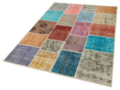 Handmade Area Rug – Blue Patchwork Cotton Wool Vintage Hand Woven Carpet 4'9''x6'8''