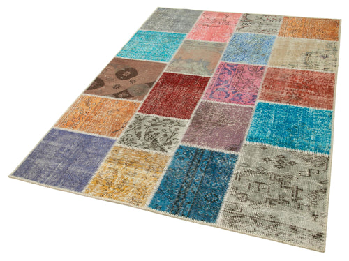 Handmade Area Rug – Blue Patchwork Cotton Wool Vintage Hand Woven Carpet 4'9''x6'8''