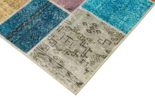 Handmade Area Rug – Blue Patchwork Cotton Wool Vintage Hand Woven Carpet 4'9''x6'8''