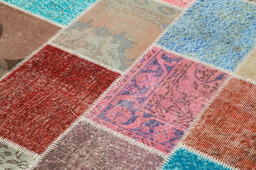 Handmade Area Rug – Blue Patchwork Cotton Wool Vintage Hand Woven Carpet 4'9''x6'8''