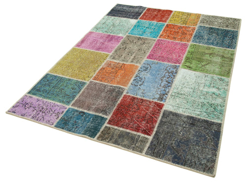 Handmade Area Rug - Blue Patchwork Cotton Wool Turkish Vintage Carpet 4'8" x 6'8"