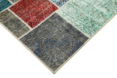 Handmade Area Rug - Blue Patchwork Cotton Wool Turkish Vintage Carpet 4'8" x 6'8"