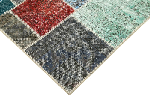 Handmade Area Rug - Blue Patchwork Cotton Wool Turkish Vintage Carpet 4'8" x 6'8"