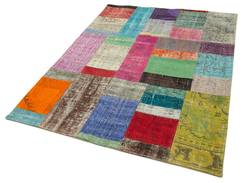 Handmade Area Rug - Kirk Yama Blue Patchwork Cotton Wool Carpet 4'8" x 6'7"